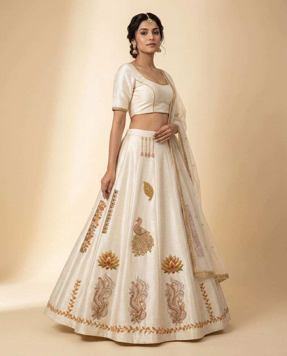 Female model wearing the rendered lehenga